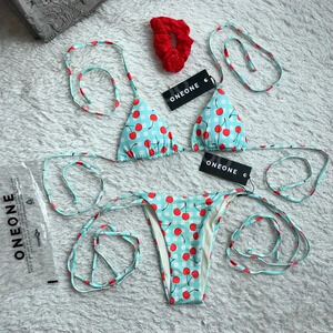 ONEONE Cherry Print Triangle Bikini Set in Mint